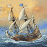 A painting of the Mayflower on choppy seas waters