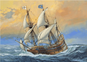 A painting of the Mayflower on choppy seas waters