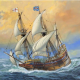 A painting of the Mayflower on choppy seas waters